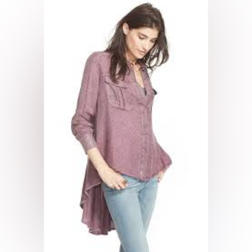 Free People One of the Guys Waffle Button Up Shirt Maroon Tunic High Low Flowy